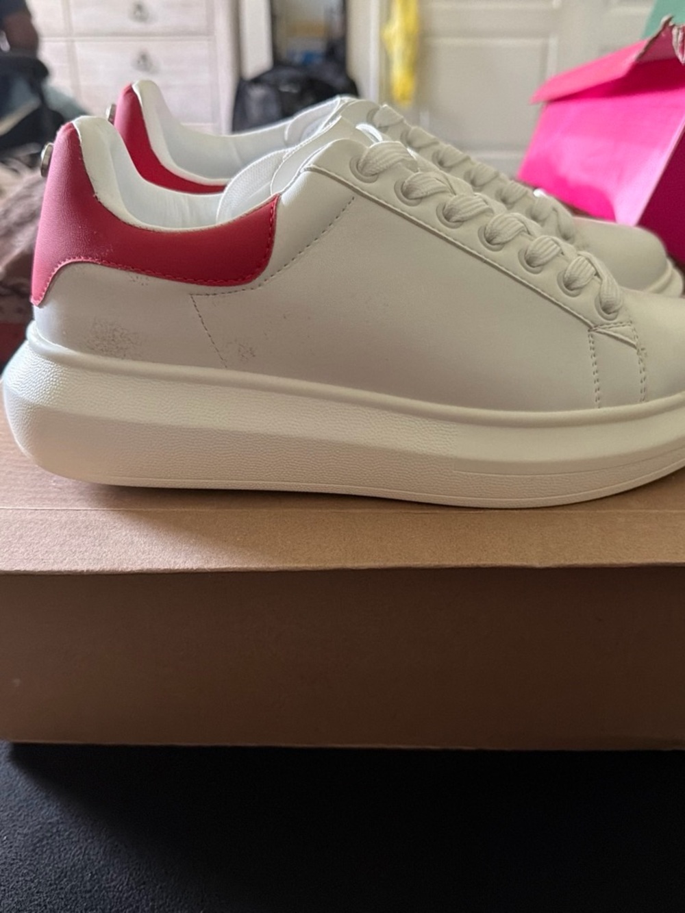 Steve Madden White Low-Top Sneakers with Red Heel